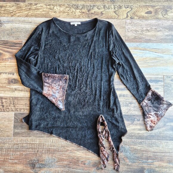 Vintage Spencer Alexis USA Slinky Beaded Asymmetrical Hem Top Long Sleeve Black - Picture 2 of 14